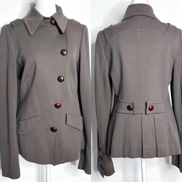 Bailey 44 Blazer Jacket Military Style Elephant Grey Pleated Back Button Front M - Picture 1 of 16